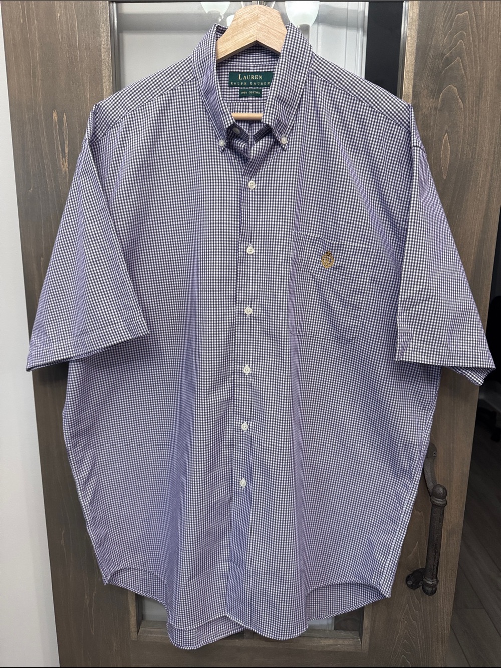 Ralph Lauren Gingham Button Down Shirt Short Sleeve Cotton purple logo